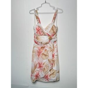 Ruby Rox Womens Size 7 Tropical Floral Sun Dress White Pink Beaded Ruched Y2K